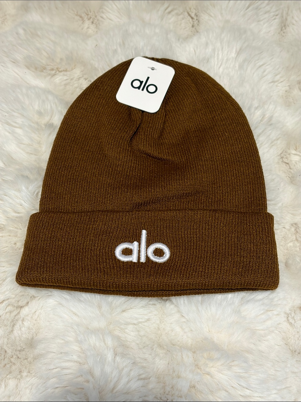 ALO Yoga Brown Knit Cuffed Beanie with White Logo